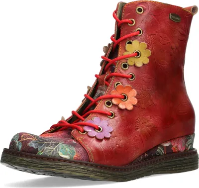 Produktbild von Laura Vita Damen Stiefelette Leder Blütenapplikation Keilabsatz Ercnaulto 212, Größe:38 EU, Farbe:Rot