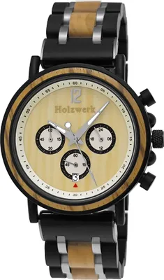 Produktbild von Holzwerk DETMOLD Herren Holz & Edelstahl Chronograph Datum Uhr, schwarz, beige