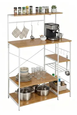 Produktbild von Relaxdays Küchenregal, 7 Ablagen, 8 Haken, HxBxT: 123 x 80 x 40 cm, MDF, Eisen, Holzoptik, Bäckerregal, natur/weiß