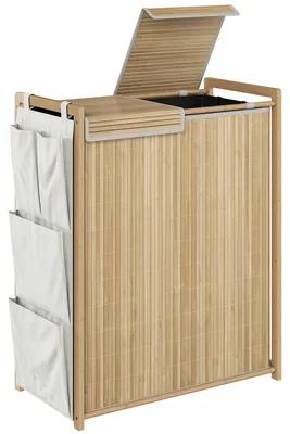 Image de Panier à linge en bambou, 120 litres, avec couvercle et compartiments de rangement | Couleur : naturel | Dimensions : 33 x 63 x 78 cm