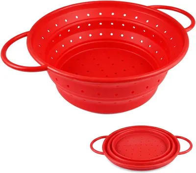 Produktbild von Faltbares Sieb 26 cm, Silikon, mit Griff, rot, spülmaschinenfest, für Küche