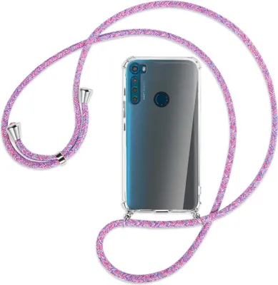 Produktbild von Handykette Backcover-Schutzhülle mit Band (Metall silberfarben) für Motorola One Fusion Plus - lila/rosa/blau