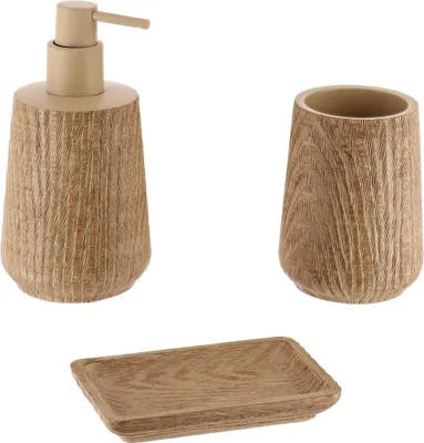 Produktbild von Set aus seifenspenderbecher und seifenschale aus polyresin in holzoptik - natürlich - Tendance