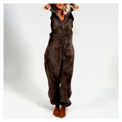 Produktbild von Damen Pyjama Warmer Schlafanzug Fleece Overall Jumpsuit Langarm Einfarbig Nachtwäsche Loungewear mit Kapuze Reißverschluss