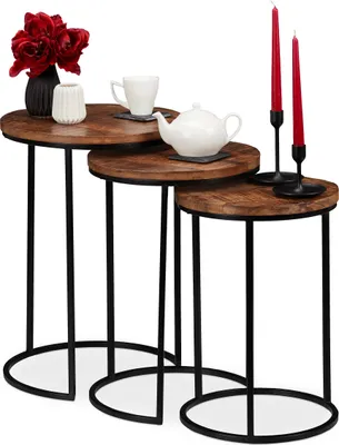 Produktbild von Relaxdays Satztisch 3er Set, runde Beistelltische, Mangoholz, Industrie Design, schwarzes Metallgestell, 3 Größen, natur