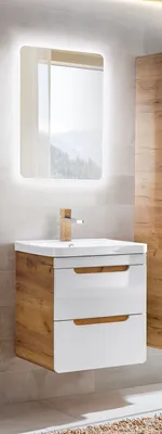 Produktbild von Badmöbel Set ARUBA-WEISS/EICHE 60 Badmöbel Set mit Waschbecken Badmöbelset LED Waschtisch Spiegel