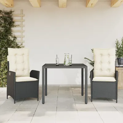 Produktbild von Design 3-tlg. Garten-Essgruppe mit Kissen Schwarz Poly Rattan, Gartenmöbel-Sets 2024 Neu