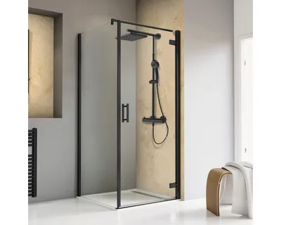 Produktbild von Duschtür mit Seitenwand mit Pendeltür SCHULTE TouraPlus ExpressPlus 90 x 90 cm Profil schwarz Klarglas schmutzabweisende