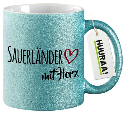 Produktbild von Huuraa Glitzertasse Sauerländer mit Herz 330ml Blau Keramik Kaffeebecher Geschenkidee