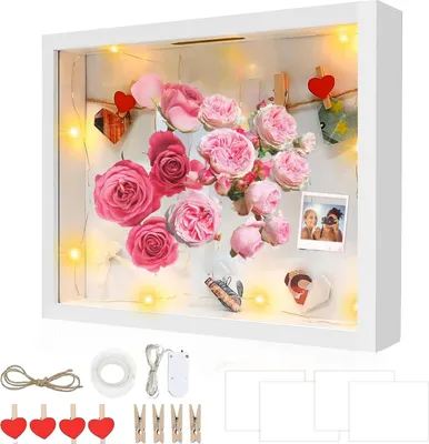 Produktbild von ZIOYA 3D Bilderrahmen zum Befüllen 27 x 22 cm Tiefer Rahmen mit 1M Licht 3D Objektrahmen für Hochzeit Deko Wand Medaillen Foto Blumen Muttertagsgeschenk