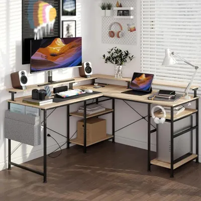 Produktbild von AIORBER L-förmiger Schreibtisch, 140x140x85 cm, LED-Licht, Doppellagiges Design, Schlicht und Modern, Beige