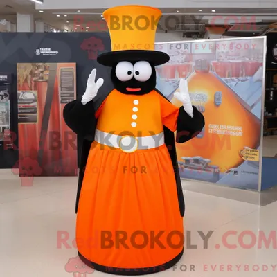 Produktbild von Maskottchenfigur REDBROKOLY eines orangefarbenen Zirkusdirektors mit Empire-Kleid und Geldbörsen