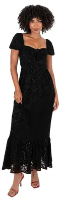 Produktbild von Lovedrobe Damenlanges Abendkleid aus schwarzer Spitze, elegantes Modell mit kurzen Ärmeln und Schleifendetail am Ausschnitt