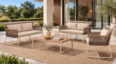 Immagine prodotto di Set di mobili da giardino moderni: 2 divani, 1 poltrona, 1 tavolino, colore beige