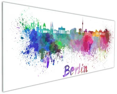 Produktbild von Wallario Küchenrückwand aus Glas, Größe: 125 x 50 cm, Motiv: Städte als Aquarell - Skyline von Berlin | Spritzschutz | abwischbar | pflegeleicht | in