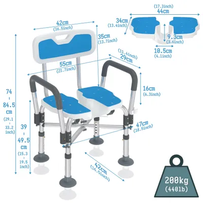 Productafbeelding van Douchestoel met armleuningen en rugleuning - Hoogte verstelbaar van 74 tot 84,5 cm - Hygiëneuitsparing - Antislip zitting - Metalen frame - Draagvermogen tot 200 kg