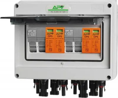 A white electrical enclosure with an open lid, revealing multiple orange and gray components inside, and black connectors at the bottom.