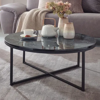 Produktbild von WOHNLING Couchtisch 80x36x80 cm mit Marmor Optik Schwarz Wohnzimmertisch mit Metall-Gestell Sofatisch Rund Tisch Wohnzimmer Beistelltisch