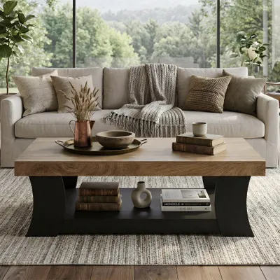 Produktbild von Tribesigns 140cm Rechteckiger Couchtisch, Wohnzimmertisch mit Ablageboden, Holztisch, moderner Landhausstil, Mittelttisch, rustikales Braun + Schwarz