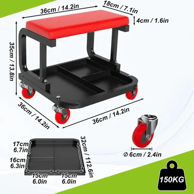 Image de Tabouret de travail mobile pour mécaniciens, avec rangement à outils, pour charges lourdes, capacité de charge de 150 kg, équipé de 4 roulettes pivotantes