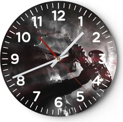 Produktbild von Wanduhr - Rund - Glasuhr - Musiker Saxophonist Schwarz - 40x40cm - Schleichendes Uhrwerk - Lautlos - zum Aufhängen bereit - Dekoration Modern - Wanddekoration aus Glas - C4AR40x40-4276