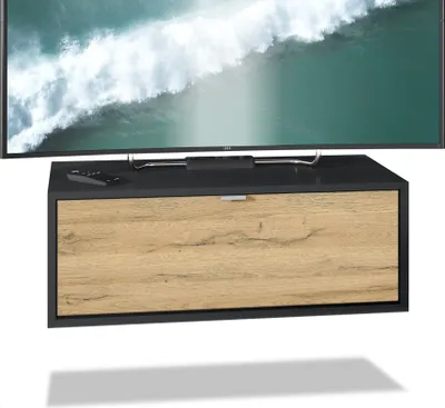 Produktbild von Vladon TV Board Lana 80 Hängeschrank Lowboard 80 x 29 x 37 cm,  Germany, Korpus in Schwarz matt, Fronten in Eiche Natur | Große Farbauswahl