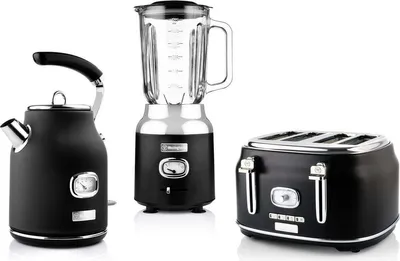 A set of kitchen appliances including a kettle, blender, and toaster, displayed on a white background.
