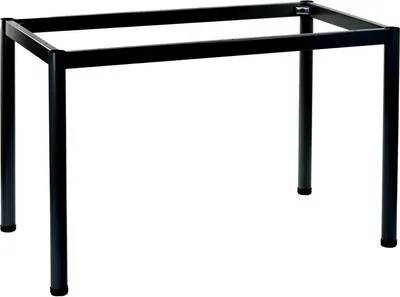 A black metal table frame with four legs on a white background.