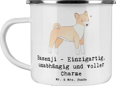 Produktbild von Mr. & Mrs. Panda Teetasse Basenji Charme - Weiß - Geschenk, Hunderasse, Emaille Becher, Tasse, Pott, Hund, faszinierend, intelligenter, loyaler Begleiter, Kaffeepott