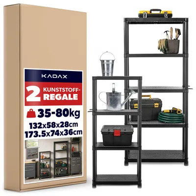 Produktbild von KADAX Schwerlastregale 2er Set: 132 x 58 x 28 cm und 174 x 74 x 36 cm, Lagerregale aus Kunststoff, Kellerregale, Steckregale für Werkstatt, Keller & Garage