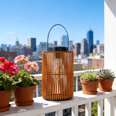 Zdjęcie produktu dla Lampion ogrodowy - Solarna lampa - Styl boho z rattanu - Mała - 24,5 cm - Ciepła biel