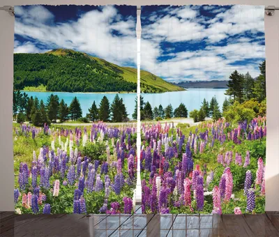 Produktbild von ABAKUHAUS Natur Rustikaler Vorhang, See-Blumenblätter, Wohnzimmer Universalband Gardinen mit Schlaufen und Haken, 280 x 260 cm, Farngrün Lila