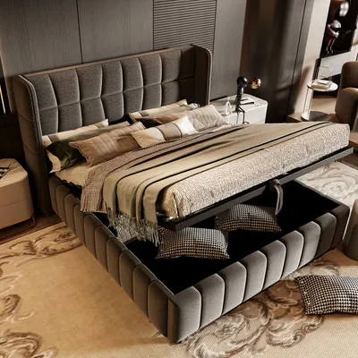 Immagine prodotto di Letto imbottito okwish 180×200 con contenitore, letto per ragazzi con rete a doghe e testiera, letto matrimoniale grigio, materasso escluso