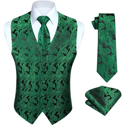 Productafbeelding van Herenset: Vest, stropdas en zakdoek, jacquard, bloemenprint, groen, maat 4XL