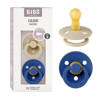 Produktbild von BIBS Colour Schnuller 2er-Pack, BPA-frei, Kirschform Nippel. Naturkautschuk / Latex, Hergestellt in Dänemark. Größe 2 (6-18 Monate), Vanilla / Cornflower