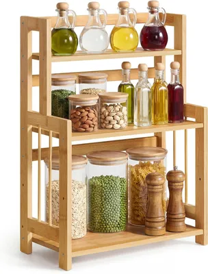 Imagen del producto de Estante para especias de 3 niveles - Estante de cocina para encimera - Bambú - Beige