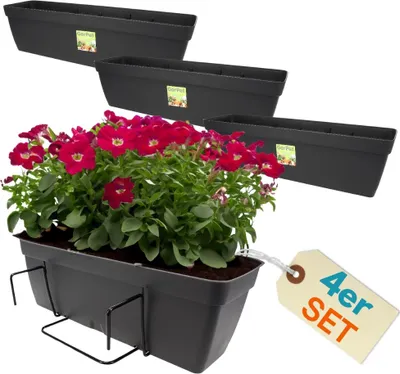 Produktbild von 4er Set Blumenkasten Balkongeländer Balkon Blumenkasten Balkonkasten mit Halterung Balkonkasten Geländerkästen Balkonkasten mit Wasserspeicher 50 cm