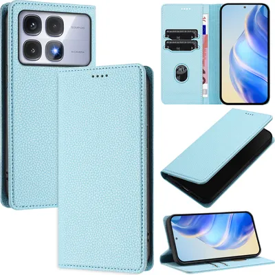 Produktbild von Litchi Leder Handyhülle für Xiaomi Redmi K70 Ultra Wallet Kartenfächer Standfunktion Hülle Hellblau