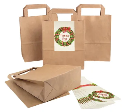 Produktbild von Logbuch-Verlag 5 kleine rot grün braune FROHE WEIHNACHTEN Geschenktüten Weihnachtstüten aus Papier mit Aufkleber zum Geschenke verpackenWeihnachtskranz "Frohes Fest" / 25 Stück