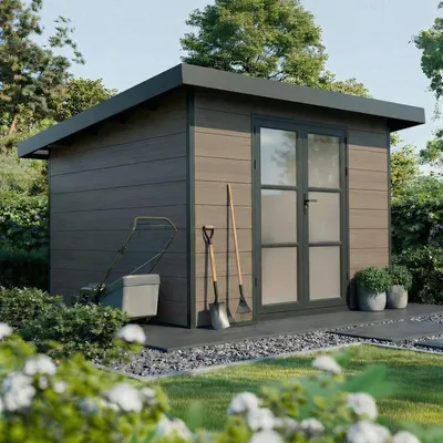 Produktbild von WPC Gartenhaus ALMA – 9 m², Grau – Dielenstärke: 28 mm – Gartenhaus – Lüftungsgitter – Doppeltür – Dachrinne