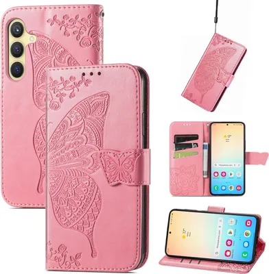 Image de Étui portefeuille en similicuir pour Samsung Galaxy S25 Plus 5G, motif papillon, rose
