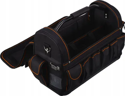 An open black tool bag with orange trim, showing its internal compartments and external pockets.
