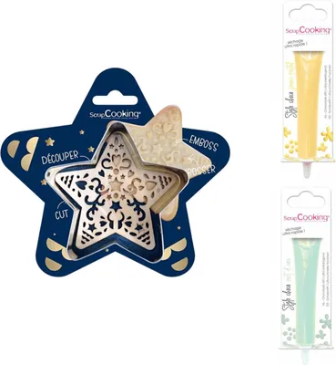Produktbild von Stern-Relief-Keks-Set + 2 pastellgelbe und wassergrüne Schokoladenstifte