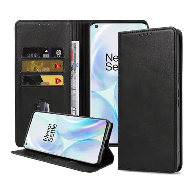 Immagine prodotto di Smartphonica Custodia per telefono adatta a OnePlus 8 Custodia in ecopelle con chiusura magnetica e portacarte Custodia a libro con patta - Nero