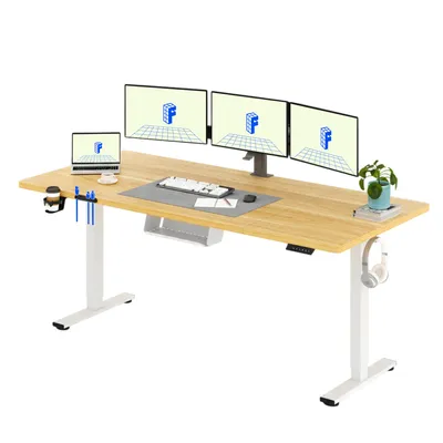 Produktbild von FLEXISPOT QE1 Höhenverstellbarer Schreibtisch 200x80cm, 4 Memory-Funktion, Antikollisionsschutz, 70kg Tragkraft, Haken, Kabelmanagement (Ahorn)