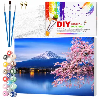 Image de EDIBAZZAR | Peinture par numéros avec cadre, toile de 40 x 50 cm, motif : le mont Fuji, fleurs de cerisier