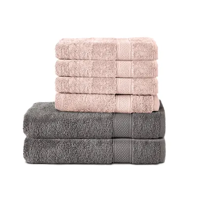 Produktbild von Komfortec 6er Handtuch Set aus 100% Baumwolle, 2er Badetücher 70x140 cm und 4er Handtücher 50x100 cm , Frottee, Weich, Anthrazit Grau/Rosa