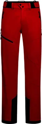 Rote Softshellhose für Herren mit schwarzen Verstärkungen an Bund und Beinabschlüssen und mehreren Reißverschlusstaschen