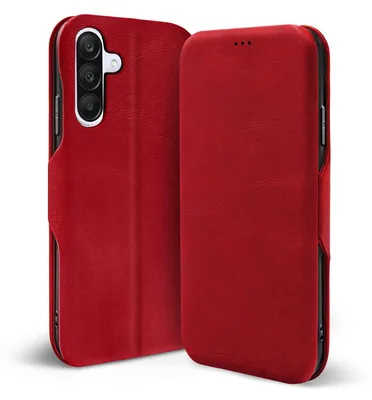 A red flip case for a smartphone is shown from two angles, with the phone inside one half and the cover closed on the other.