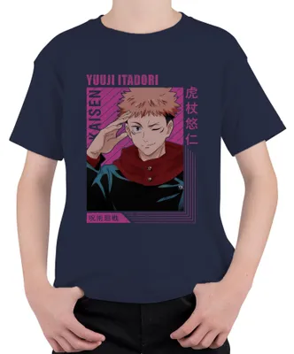 Imagen del producto de Camiseta de manga corta estilo retro, uni, para niños, con diseño de Jujutsu Kaisen, con la imagen de Yuji Itadori (anime/manga), color azul marino, talla 104